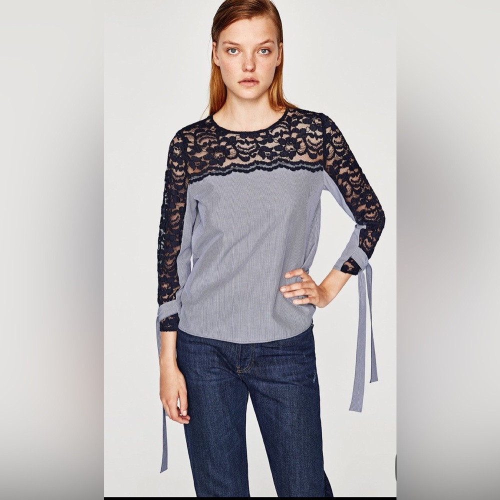 Zara Laced Blue and White Striped Blouse Size Medium